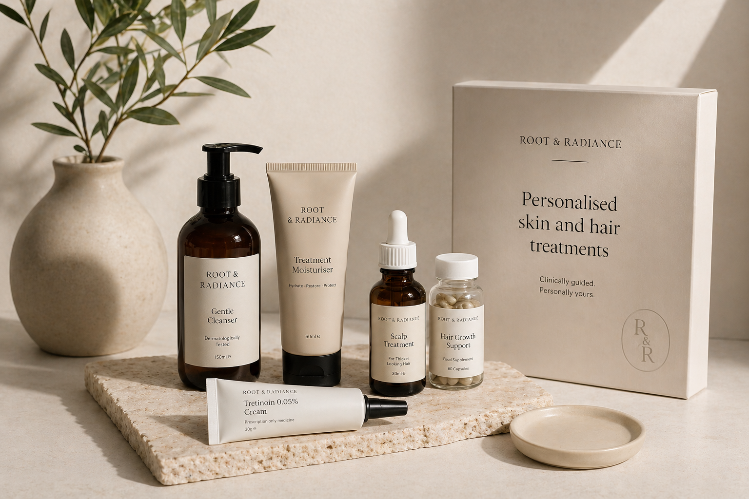 Premium personalised prescription skin and hair treatment aesthetic