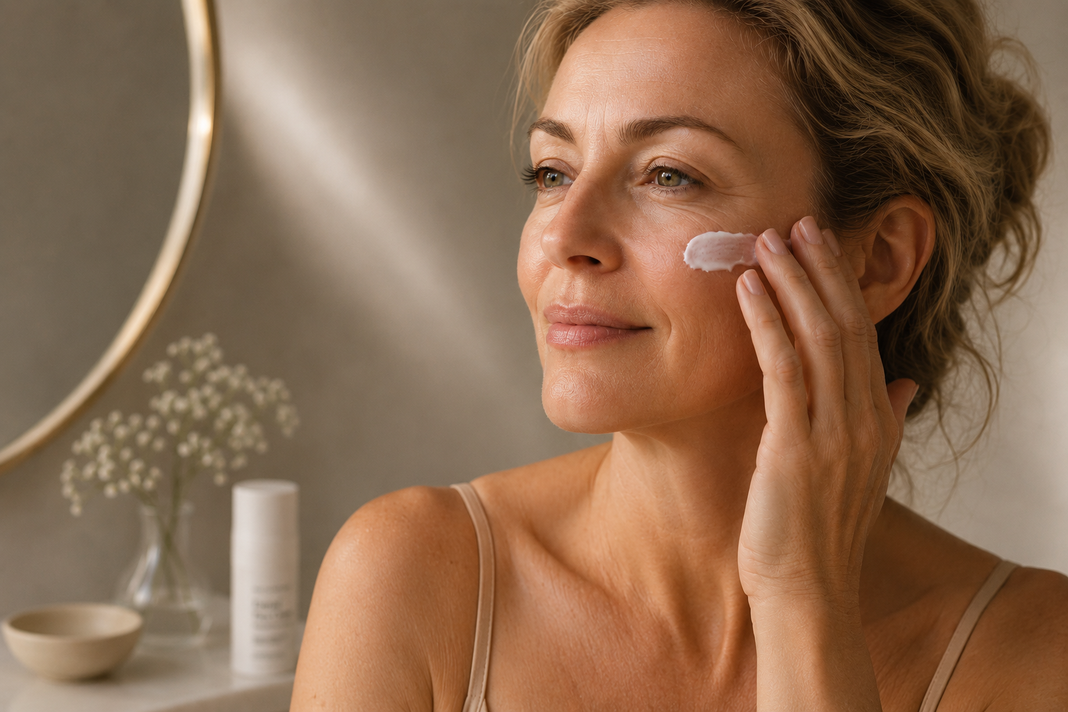 Woman applying cream to her cheek.
